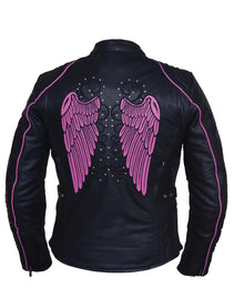 Ladies Premium Motorcycle Jacket with Angel Wing Design - 6824-24-Hot Pink - HighwayLeather