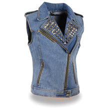 Ladies Zipper Front Black Denim Vest w/ Studded Spikes - HighwayLeather