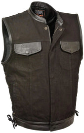 Men's Side Lace Denim Vest w/ Leather Trim & Hidden Zipper - HighwayLeather